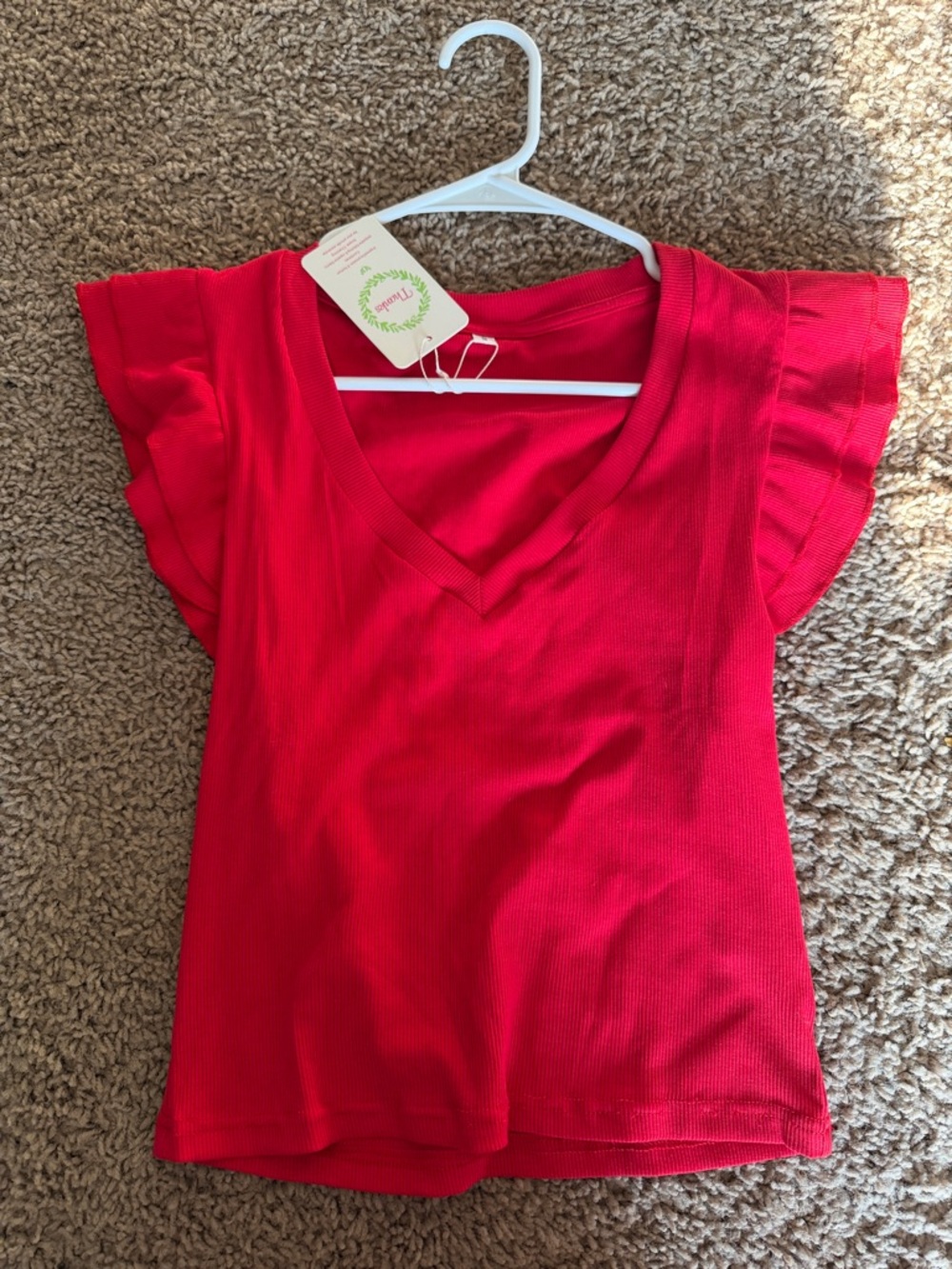 Amazon Women’s Bright Red V-Neck Ruffle Sleeve Tee